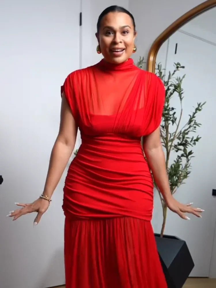 Rotes Plissee Maxikleid mit Mesh & Flügelärmeln – Elegant, Sommer Abendmode