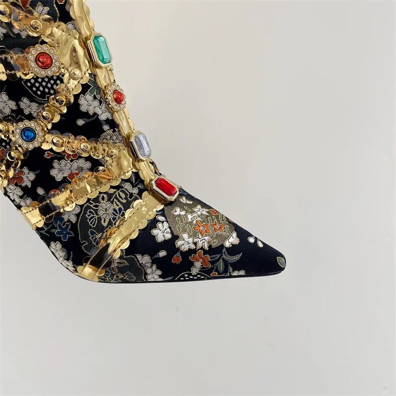 Runway Kniehohe Stiefel Damen, Edelstein Stickerei, Sexy High Heels Gold