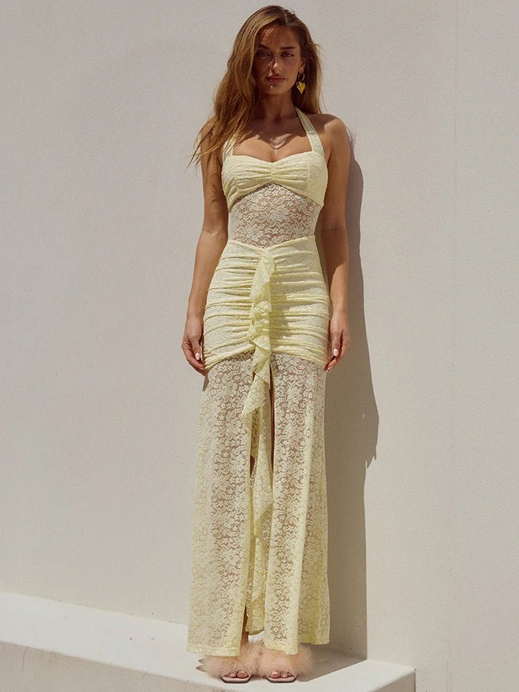 Spitzen‑Halter Maxi Kleid – Rückenfrei, Gerafft, Sommer 2025