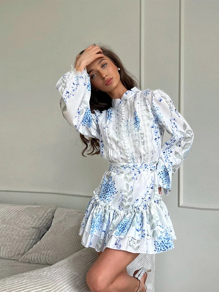 Blaues Sommer-Minikleid mit Print, A-Linie & Schleife – Chic & Bequem