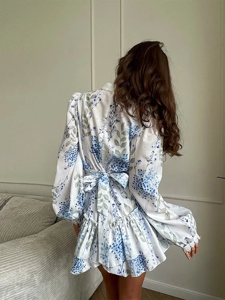 Blaues Sommer-Minikleid mit Print, A-Linie & Schleife – Chic & Bequem