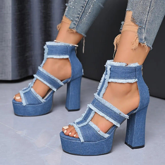Damen Jeans-Plateau-Sandalen mit Ankle-Strap – Sommer High Heels mit Peep-Toe & Denim-Design in Blau