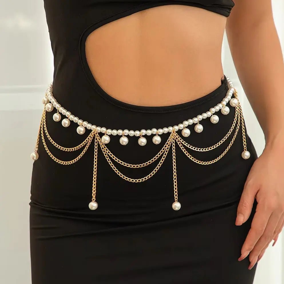 Elegante Taillenkette mit Perlen & Goldketten – Boho Body Chain für Damen
