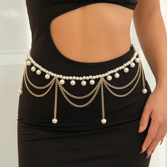 Elegante Taillenkette mit Perlen & Goldketten – Boho Body Chain für Damen