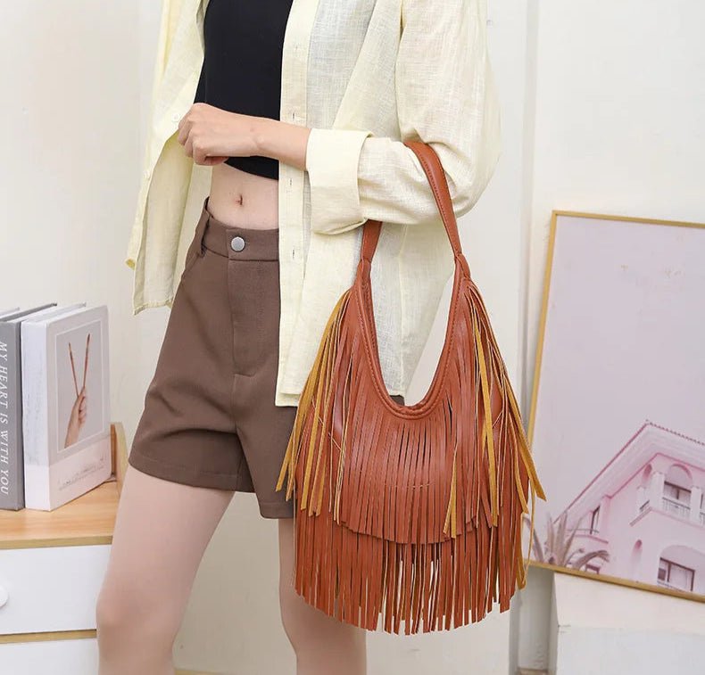 Fransen Schultertasche Damen | Weiche PU Leder Hobo Bag