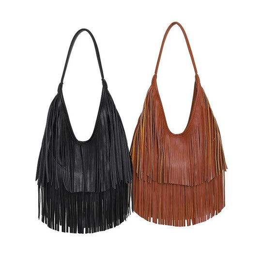Fransen Schultertasche Damen | Weiche PU Leder Hobo Bag
