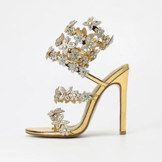 Glitzernde High Heels mit Schmetterling & Blumen | Luxus-Sandalen Gold für Damen