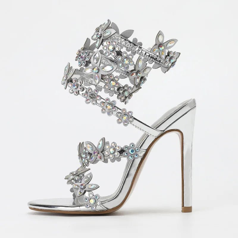 Glitzernde High Heels mit Schmetterling & Blumen | Luxus-Sandalen Gold für Damen