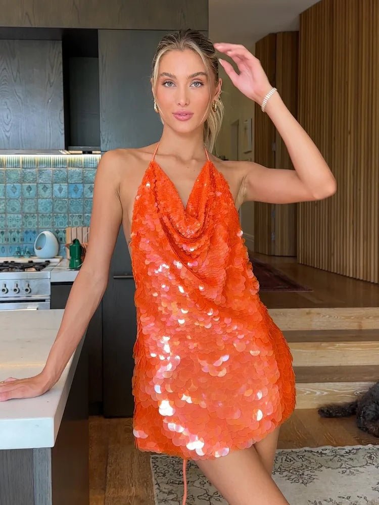 Glitzerndes Neckholder Minikleid mit Rückenausschnitt & Pailletten, Sexy Partylook