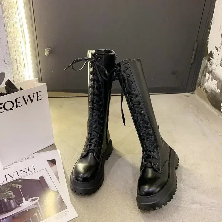 Motorrad Stiefel Damen Schwarz, PU Leder Lace Up Boots, Plateau Style