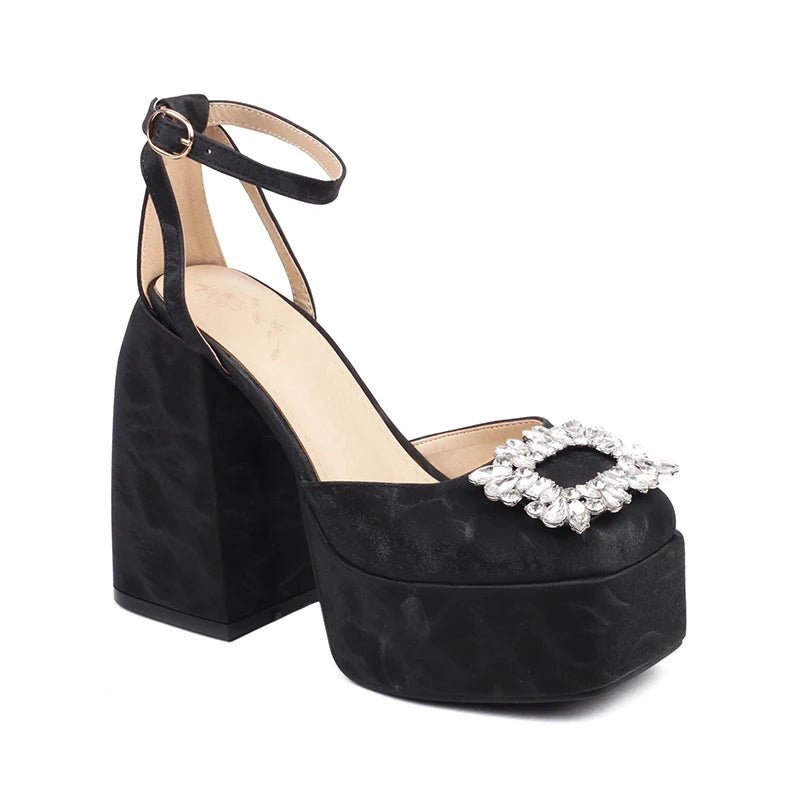 Plus Size Plateau-Sandalen Satin High Heels mit Strass, Karree-Design & Knöchelriemen