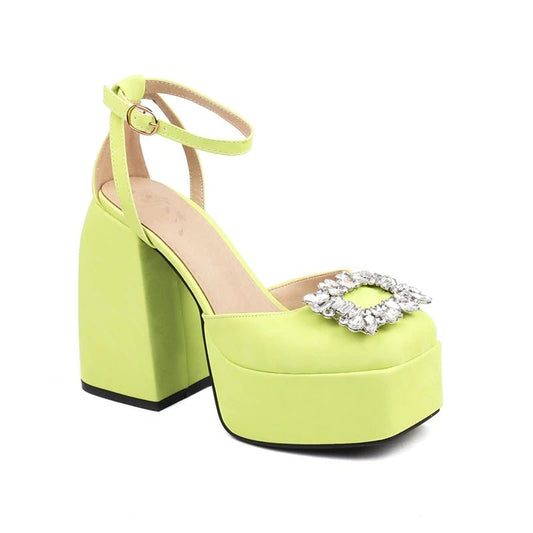 Plus Size Plateau-Sandalen Satin High Heels mit Strass, Karree-Design & Knöchelriemen