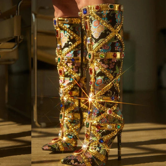 Runway Kniehohe Stiefel Damen, Edelstein Stickerei, Sexy High Heels Gold