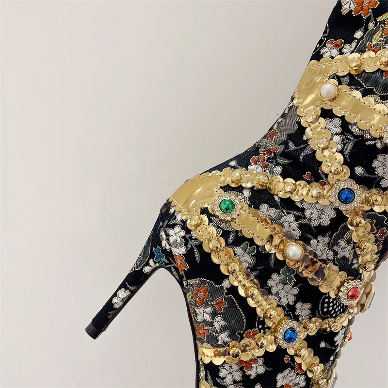 Runway Kniehohe Stiefel Damen, Edelstein Stickerei, Sexy High Heels Gold
