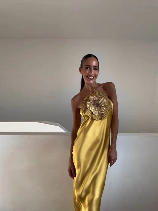 Satin Abendkleid Damen Rückenfrei Neckholder Meerjungfrau Elegant Sommer 2025
