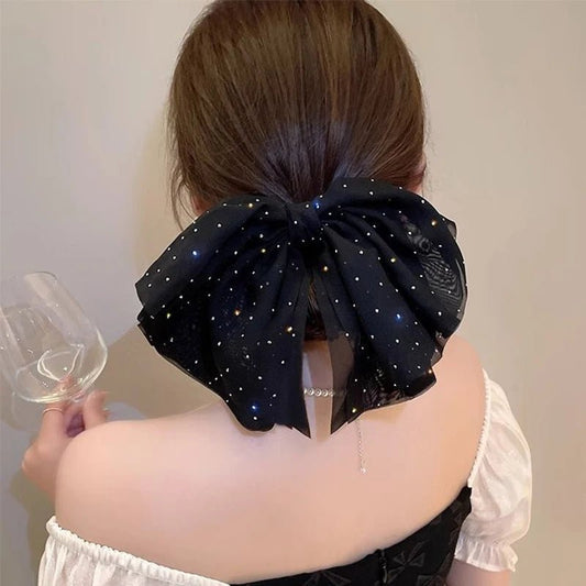 Schwarze Mesh-Haarspange mit Schleife, große Bow Clip Damen Haarschmuck