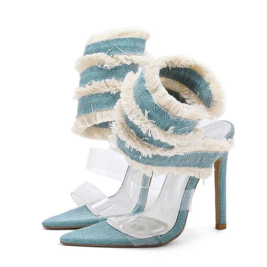Sexy High Heels mit Denim Snake Strap & Transparentem PVC