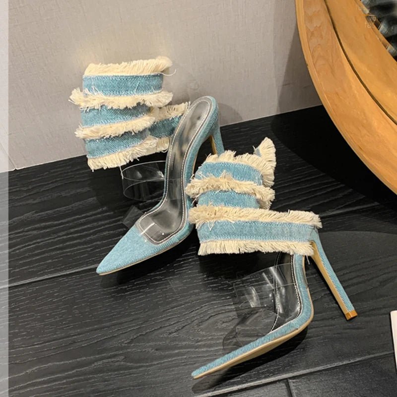 Sexy High Heels mit Denim Snake Strap & Transparentem PVC