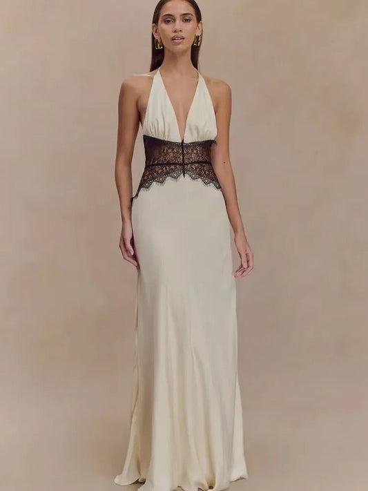Sexy V-Ausschnitt Spitzen-Maxikleid – Rückenfrei, Elegant, Sommer-Party