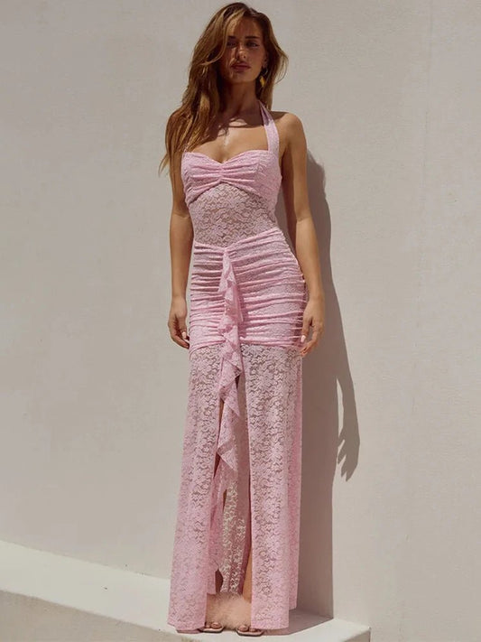 Spitzen‑Halter Maxi Kleid – Rückenfrei, Gerafft, Sommer 2025