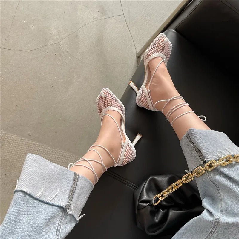 Stiletto Sandalen mit Karree-Spitze & Schnürung, sexy Pumps für Damen, elegant & modern