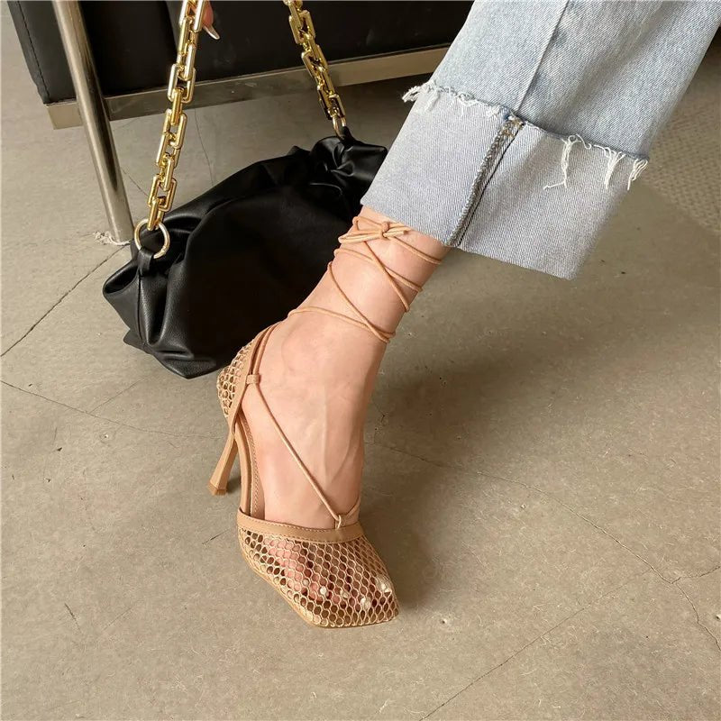 Stiletto Sandalen mit Karree-Spitze & Schnürung, sexy Pumps für Damen, elegant & modern