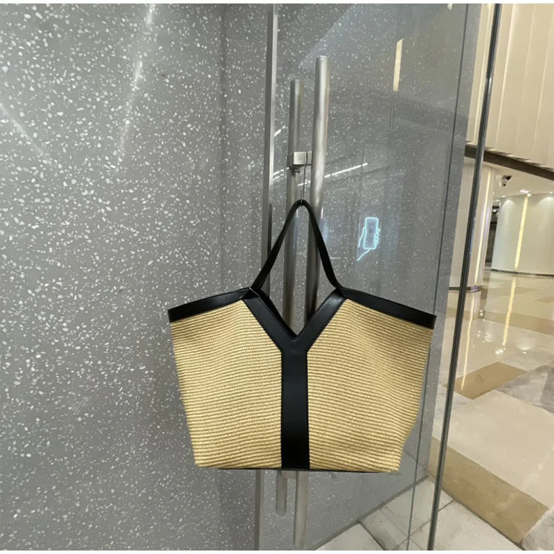 Strandtasche aus Stroh mit Y-Design – Große Kapazität, leichte Umhängetasche