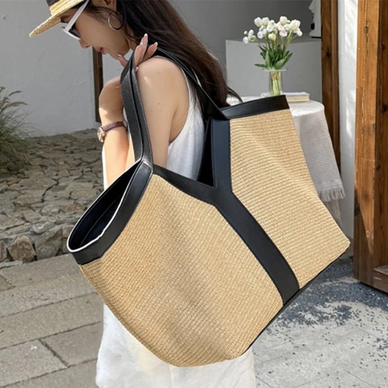 Strandtasche aus Stroh mit Y-Design – Große Kapazität, leichte Umhängetasche