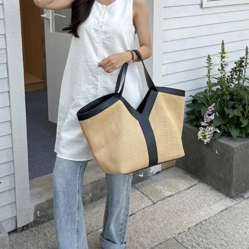 Strandtasche aus Stroh mit Y-Design – Große Kapazität, leichte Umhängetasche
