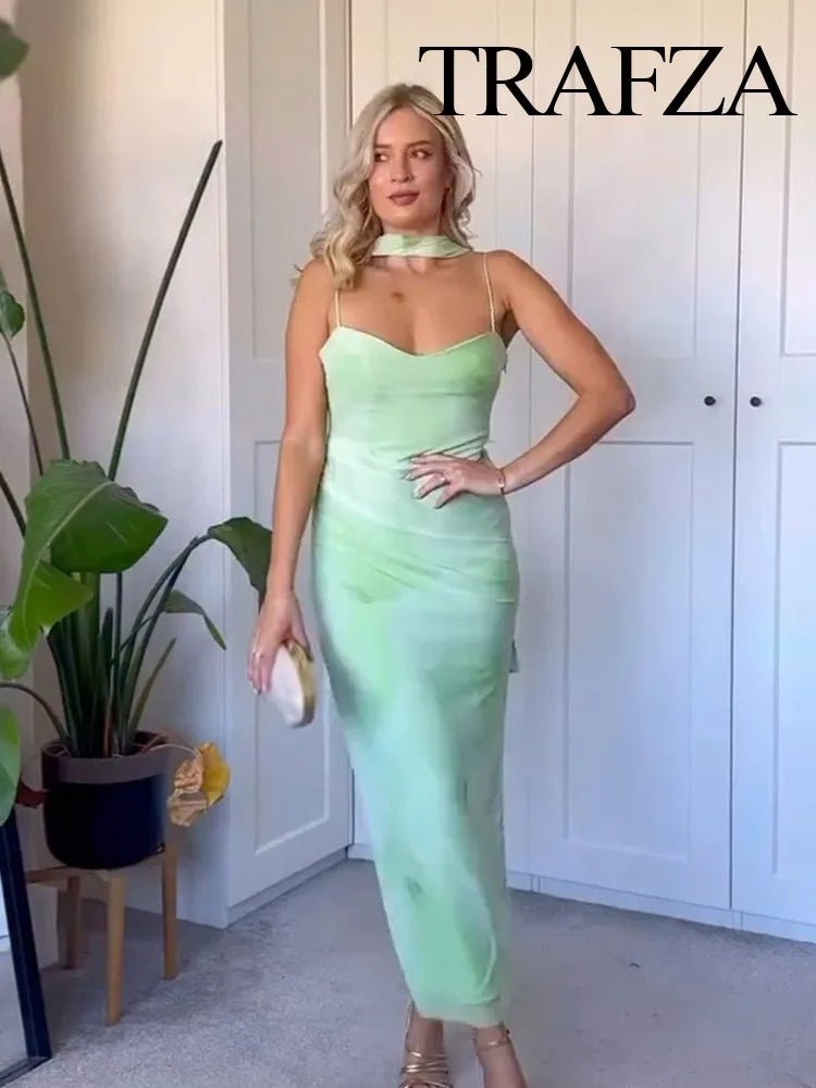 TRAFZA Damen Sommerkleid – Hellgrün, Rückenfrei & Sexy Tüll‑Midikleid