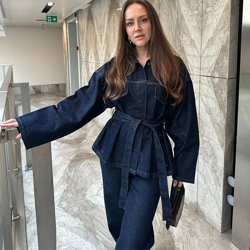 Vintage Damen Denim Set mit Gürtel – Jeansjacke & Gerade Hose | Herbst Streetwear 2025