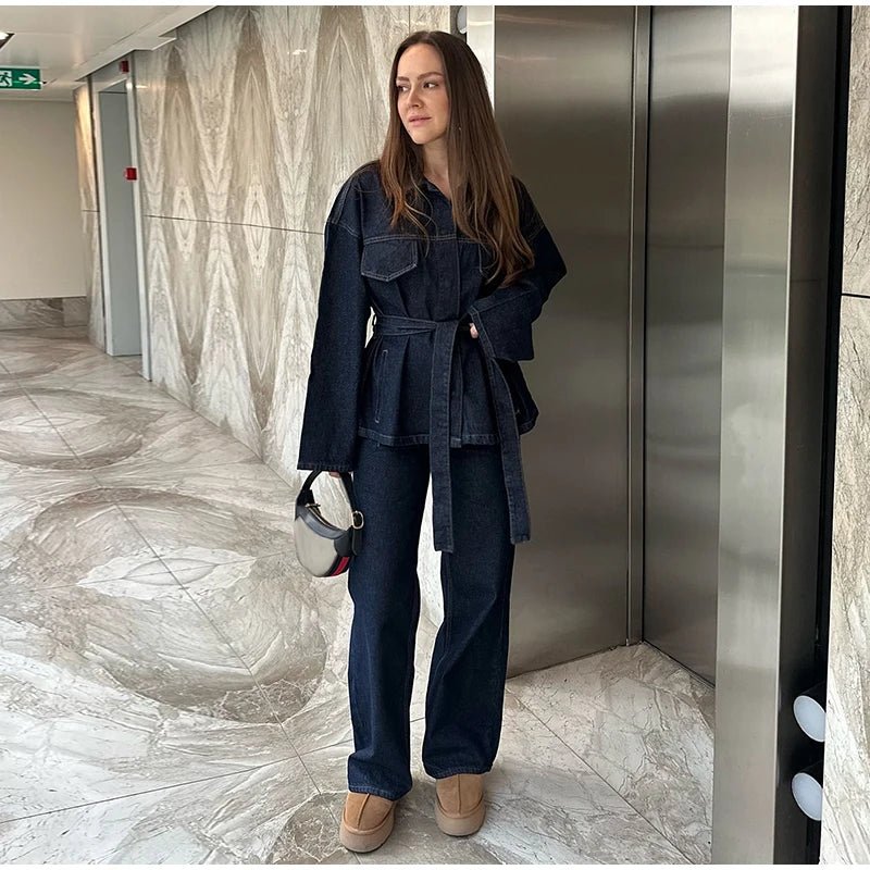 Vintage Damen Denim Set mit Gürtel – Jeansjacke & Gerade Hose | Herbst Streetwear 2025