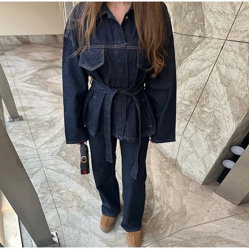 Vintage Damen Denim Set mit Gürtel – Jeansjacke & Gerade Hose | Herbst Streetwear 2025