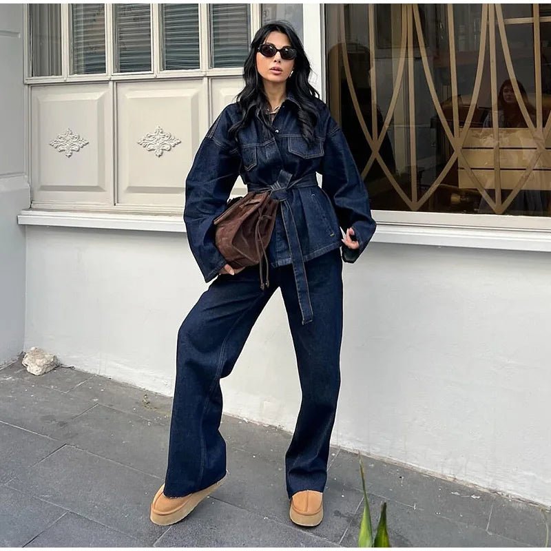Vintage Damen Denim Set mit Gürtel – Jeansjacke & Gerade Hose | Herbst Streetwear 2025