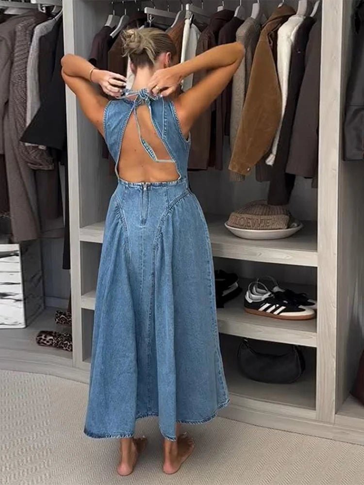Vintage Damen Sommerkleid – Rückenfrei, Denim, Blau, Lässig