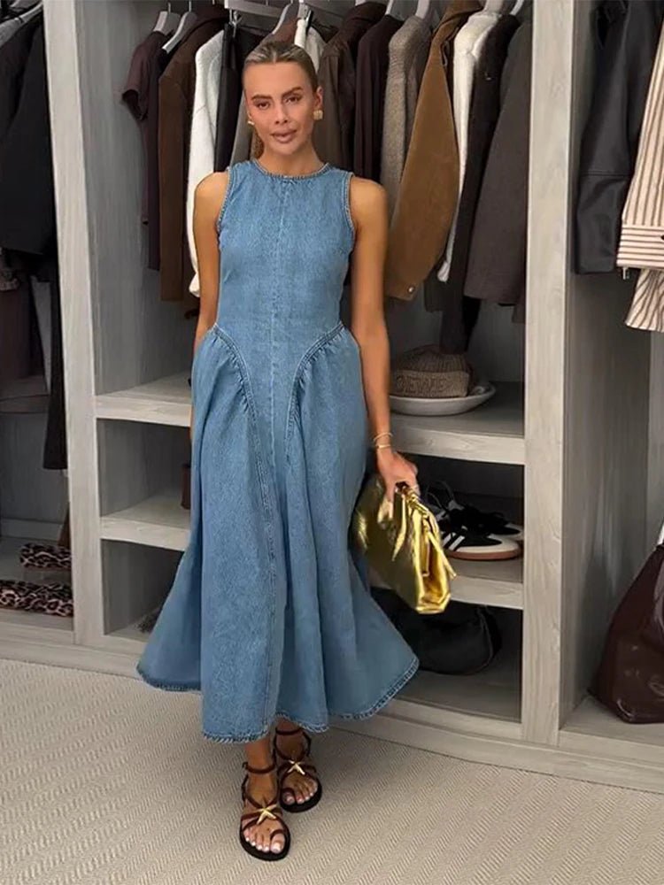 Vintage Damen Sommerkleid – Rückenfrei, Denim, Blau, Lässig