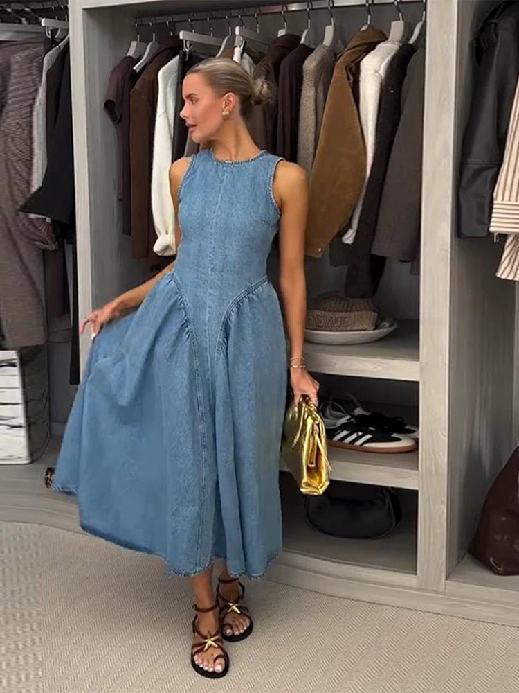 Vintage Damen Sommerkleid – Rückenfrei, Denim, Blau, Lässig