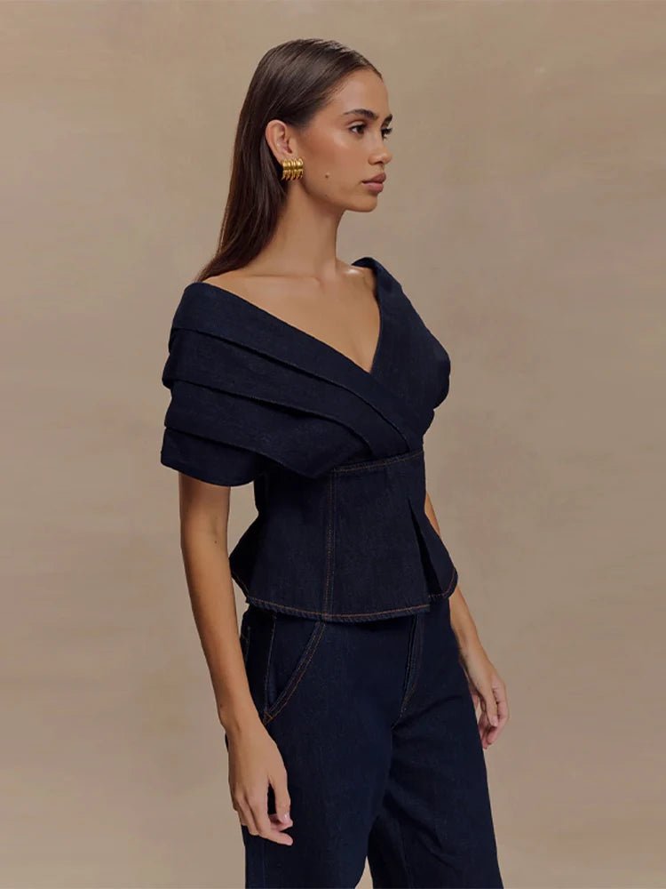 Zweiteiler Jeans Set Damen – Off Shoulder Top & Weite Hose | Marineblau | Sommer Street Style