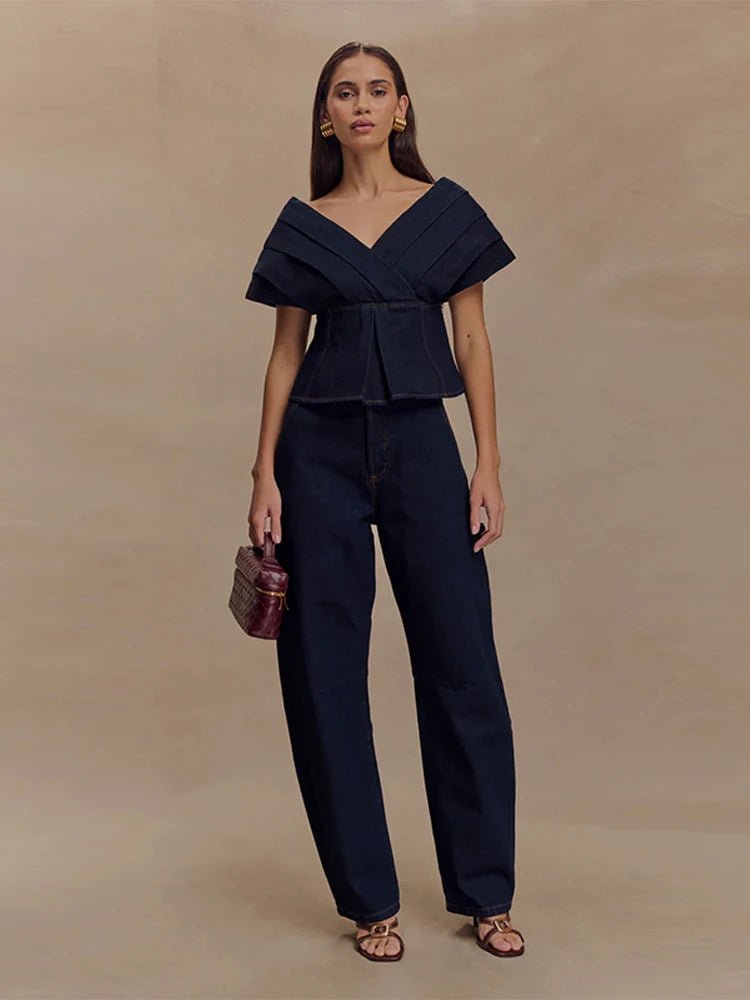 Zweiteiler Jeans Set Damen – Off Shoulder Top & Weite Hose | Marineblau | Sommer Street Style