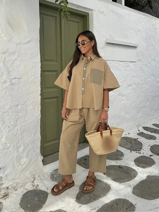 Zweiteiliges Hosen-Set mit weitem Bein & Kontrast-Hemd – Büro & Casual Look